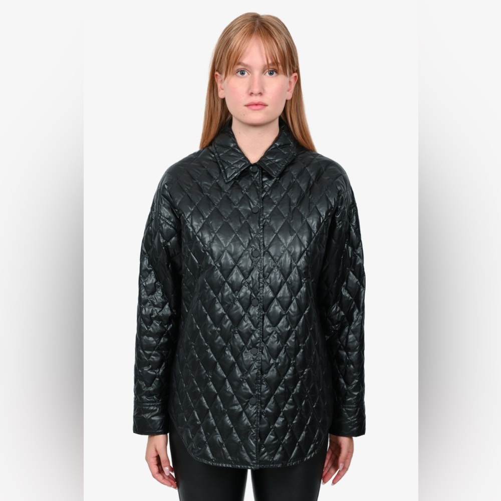 THEORY BLACK QUILTED FAUX LEATHER BUTTON-UP JACKET SIZE medium